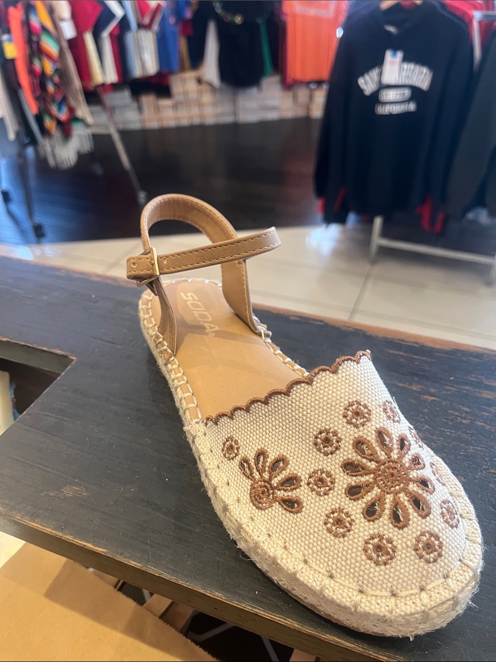 Soda Beige Embroidered Espadrille Sandal with Ankle Strap size 6